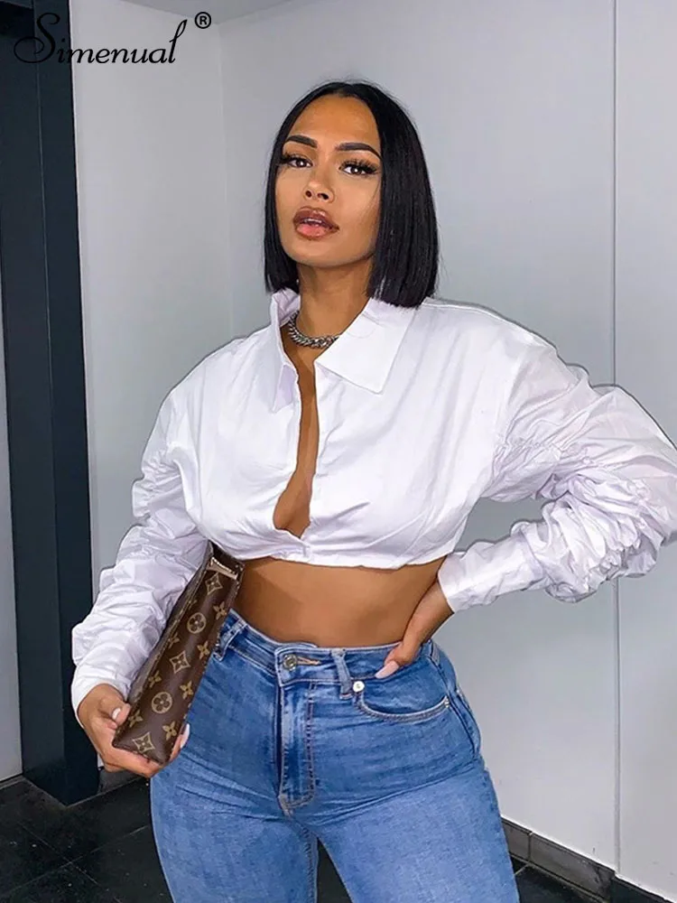 Simenual Button Ruched White Puff Sleeve Blouse Shirts Women Long Sleeved Fashion Fall 2021 Clothing Crop Blouses Solid Baddie