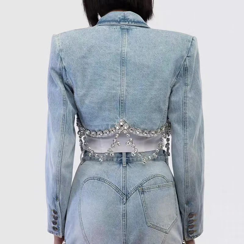 New Patchwork Diamonds Denim Jacket For Women fashion Package Hip Half-body Skirt Lapel Long Sleeve Solid Streetwear Coat Female