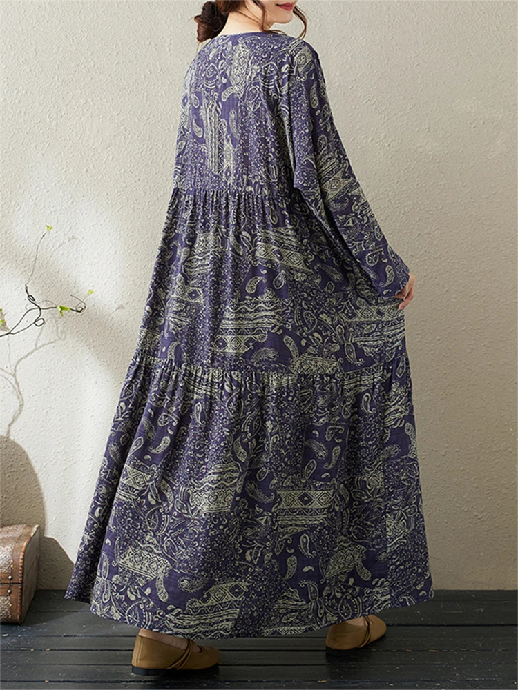 2025 Spring Autumn Cotton Vintage Print Dresses Women Casual Loose Long Sleeve Yellow Dress Femme Robe Vestidos Fashion Clothing