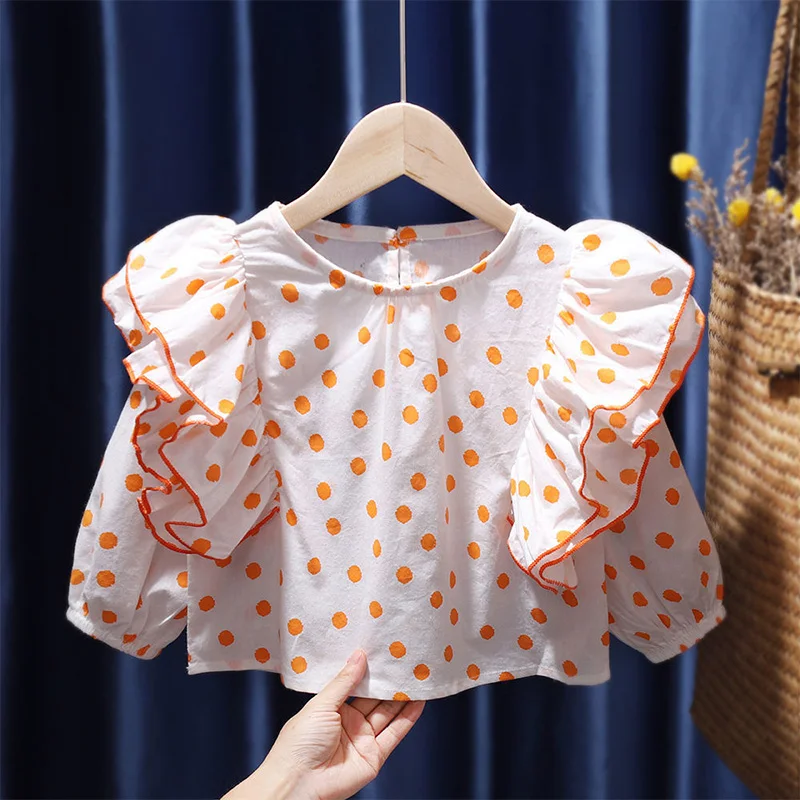 

Spring Autumn New Kids Clothes Long Sleeve Blouse Korean Crew Neck Polka Dot Printing Splicing Agaric Edge Pullover Shirt Trend