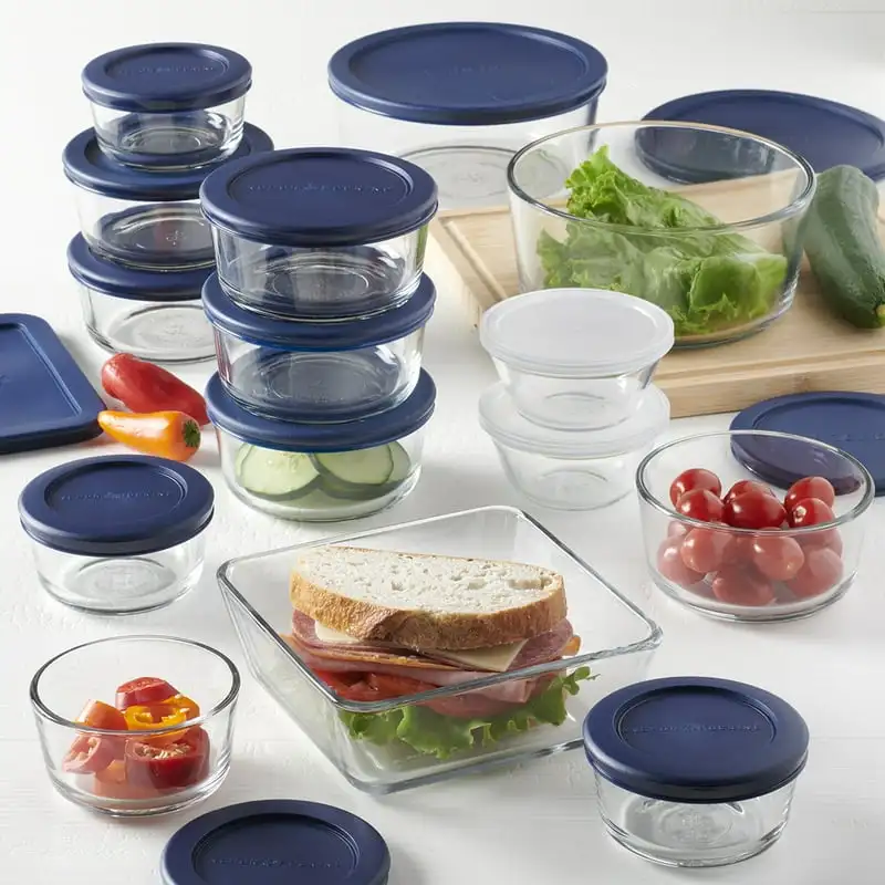 

Glass Food Storage,30 Piece Set with Navy Lids
