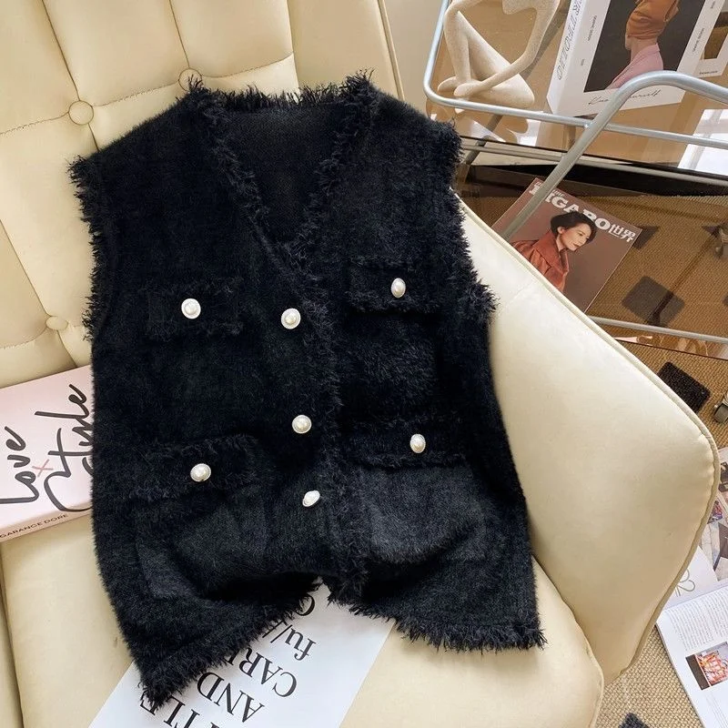 Women's Small Fragrance Sweater Vest Jacket Elegant V-neck Pearl Button Cardigan Pocket New  Fashion Casual Coat Top