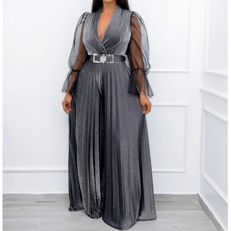 Wide Leg Sexy Jumpsuit Printing Ladies Off-shoulder Mesh Long-sleeved Casual Party Elegant Office Ladies Dovetail Long Jumpsuit