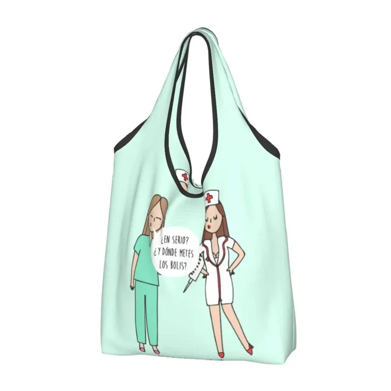 Printing Cartoon Ladies Nurse Doctor Printed Shopping Tote Bags Portable Shoulder Shopper Handbag