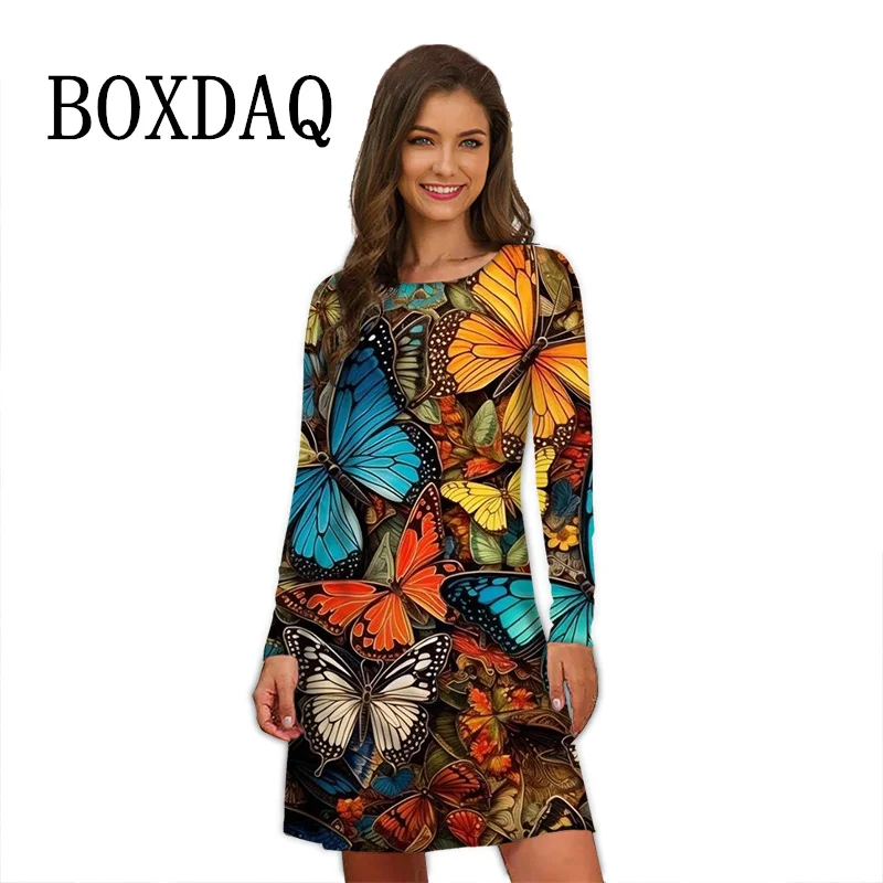 

Elegant Butterfly 3D Print Women Dresses Oversized Long Sleeve O-Neck Loose Casual A-Line Dress New Autumn Ladies Dress Vestidos
