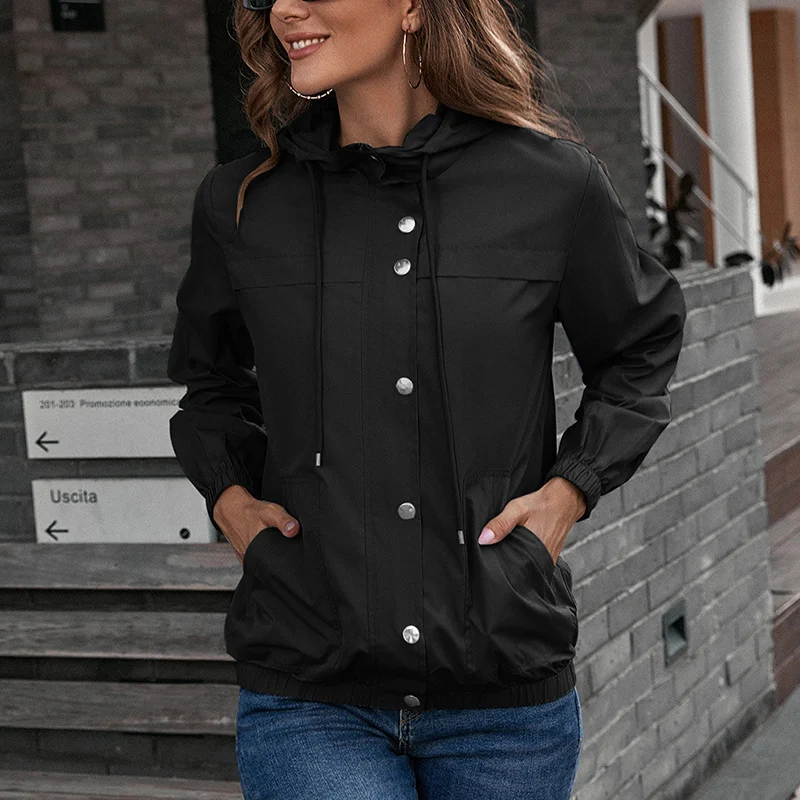 Spring Autumn Casual Fashion Hooded Sweatshirt Ladies Long Sleeve Buttons Cardigan Jacket Women Solid Color All-match Coat Top
