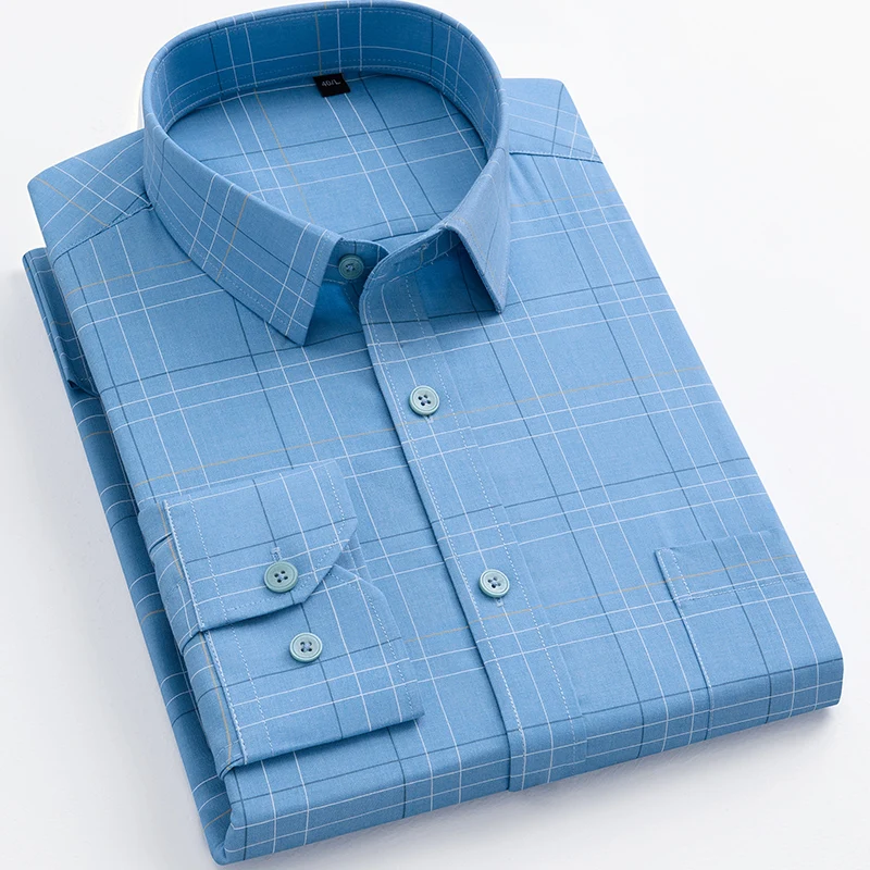 2024 New Men's Strip Plaid Shirt Long Sleeve Regular Fit Men's Pocket Casual Social Shirt Formal Fit Men's Shirt