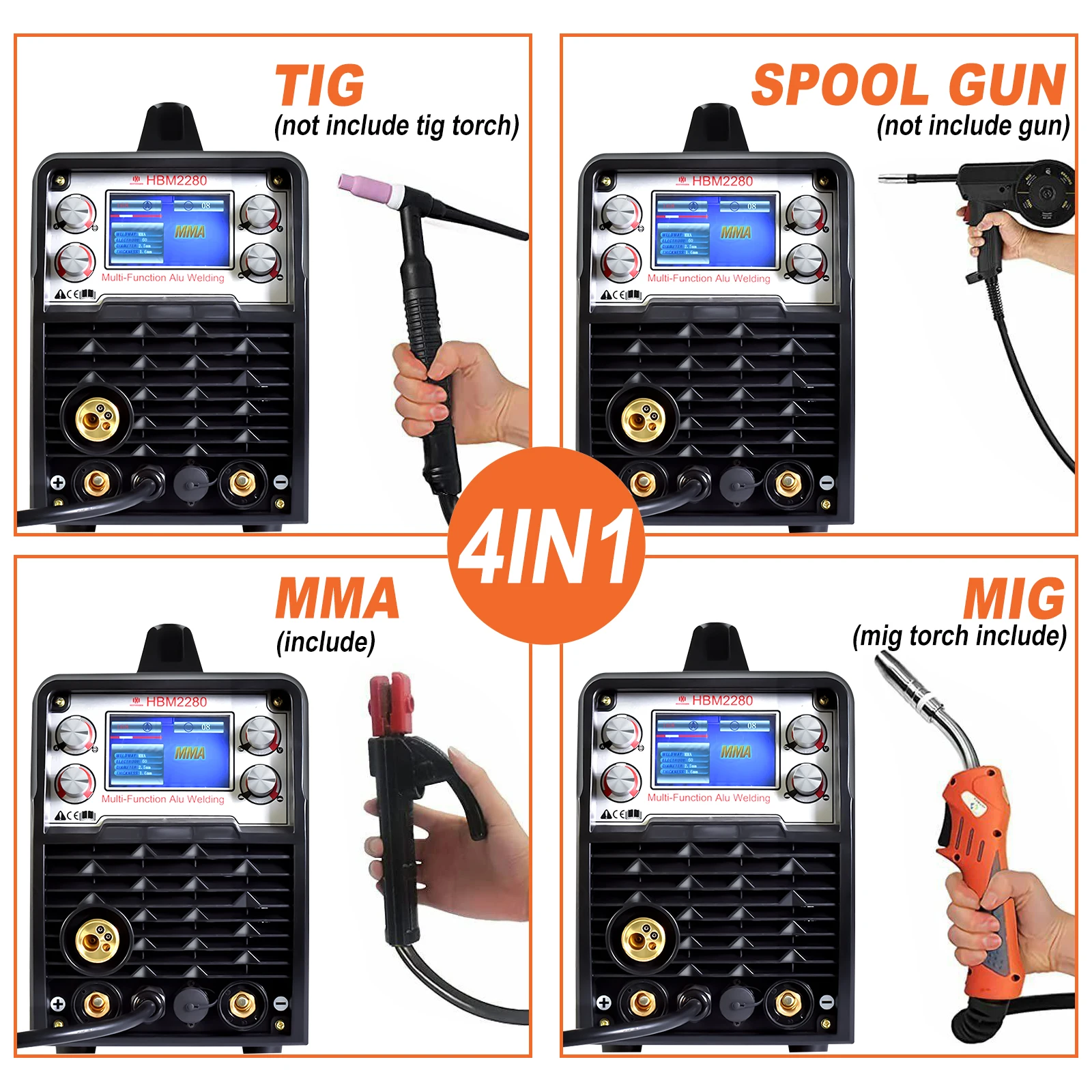 HZXVOGEN 200A 4 In 1 Aluminum Welding Machine Gasless Gas MIG/MMA&ARC/LIFT TIG Inverter Welder Synergy Tool HBM2280 110V 220V 3