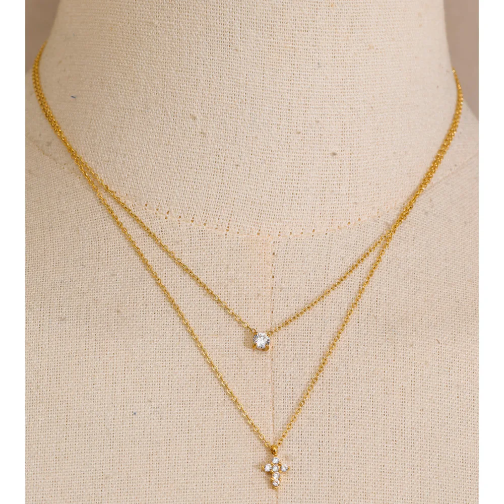 Yhpup Double-Layer Chain Zirconia Cross Pendant Necklace Stainless Steel