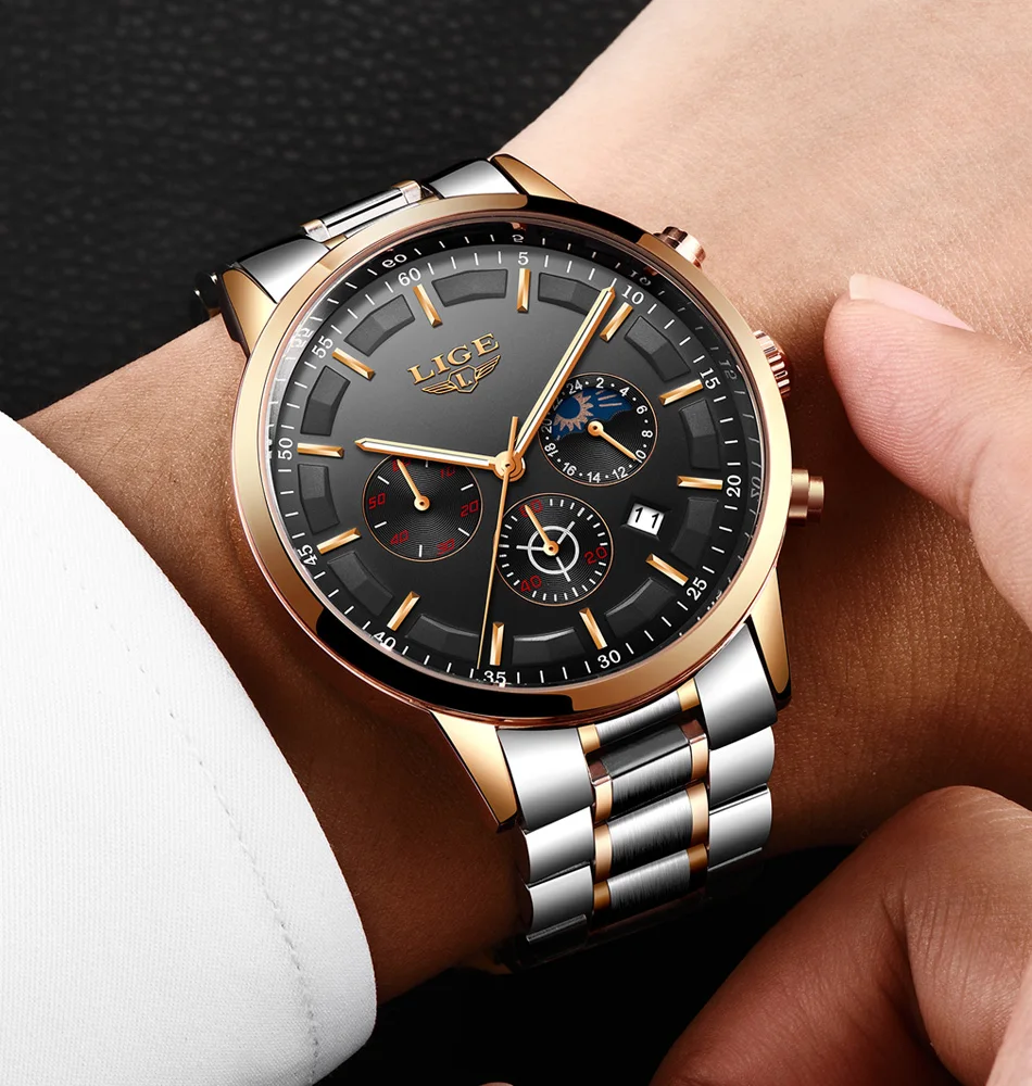 LIGE Men Watches Steel Wristwatch Sport Waterproof Chronograph Analog Quartz Watch Man Business Date Clock Luxury Watch for Men