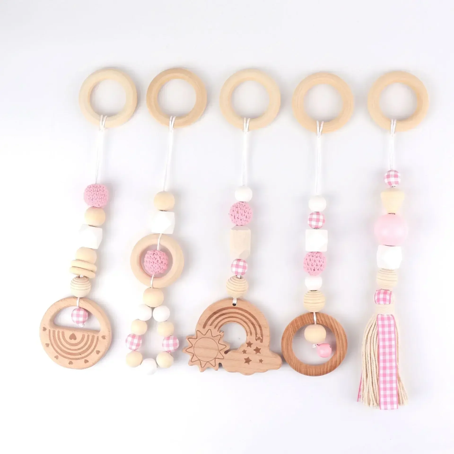 5pcs Wooden Beech Activity Gym Frame Stroller Hanging Pendants Toys Teether Ring Nursing Rattle Room Decor Baby Play Gym Frame