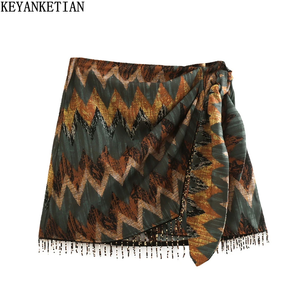 KEYANKETIAN  New Vintage Geometric Print Mini Skirt Knotted Sarong Beaded Fringe Wrap Vestidos Casual Zip Short Skort Mujer