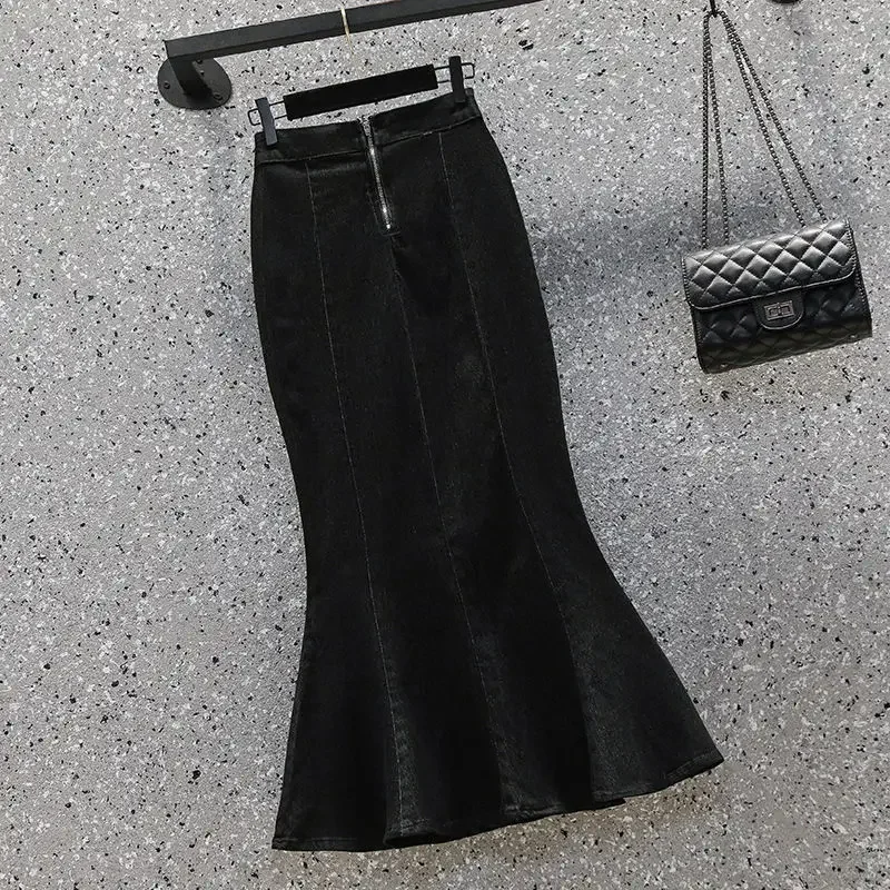 Ruffle Zipper Women's Denim Skirt Coquette Midi Black Sexy Blue Female Jeans Skirts Luxury Elegant Y2k Vintage Chic 2025 Trend V