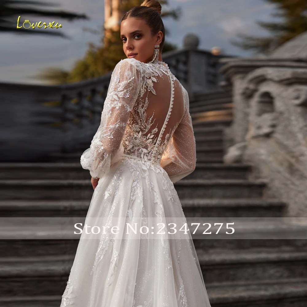 Loverxu A-Line Graceful Wedding Dresses 2023 High Neck Long Sleeve Vestido De Novia Lace Beaded Sequined Illusion Robe De Mariee