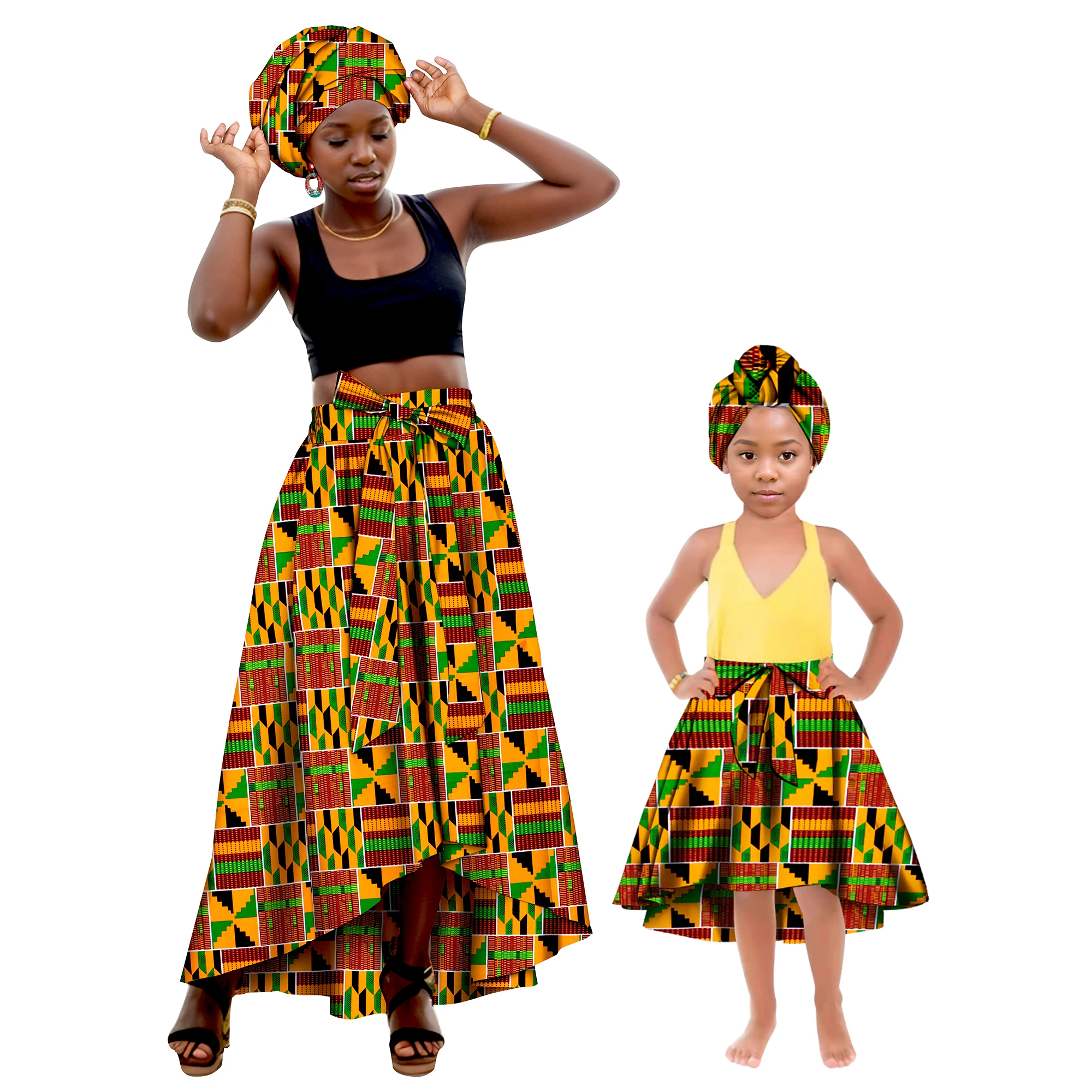 Ropa africana a juego para la familia, diadema para madre e hija + faldas, vestido de algodón con estampado africano, faldas de fiesta para mujer y niña 1