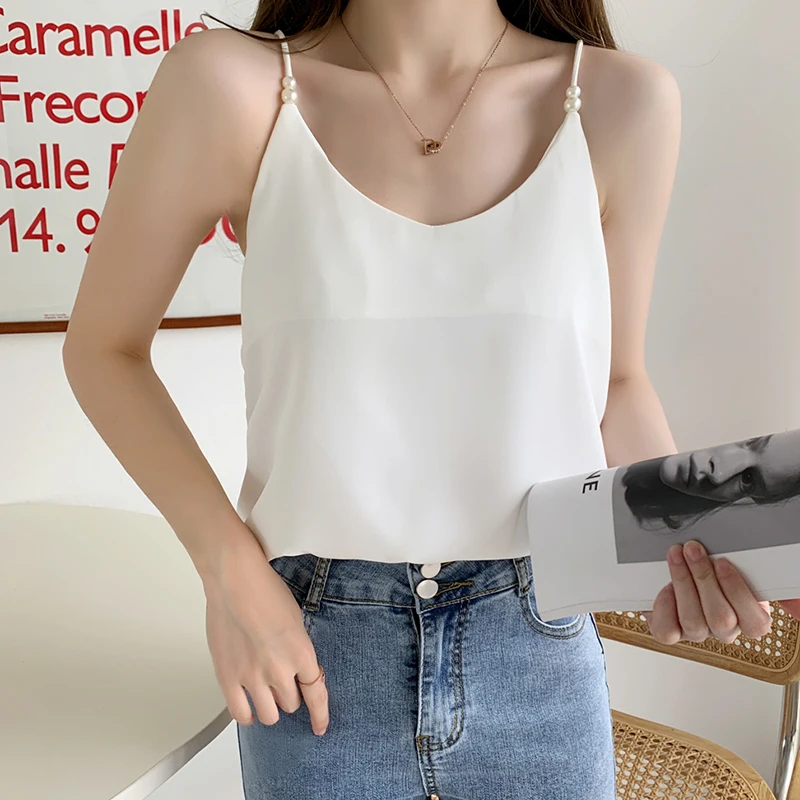 Woman Casual T-shirt Pearl Tank Summer Office Lady Trend Top Sleeveless Luxury French Elegant Camisole Sexy Solid New In Clothes