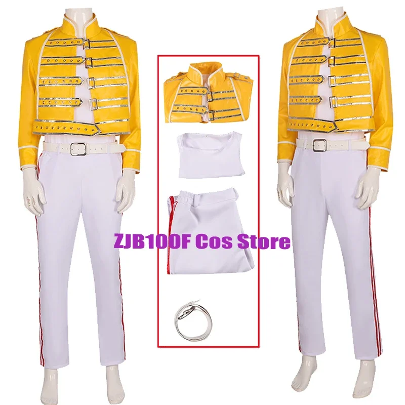 

Team Queen Lead Vocals Freddie Mercury Cosplay Anime Costume Yellow Coat Uniform Suit Halloween Party Role Play Clothes for Men