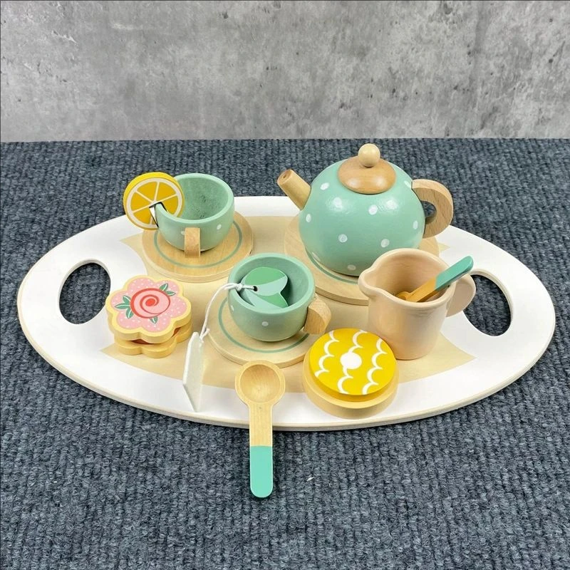 Wooden tea set toy little girls toddler play kitchen accessories kids pretend play food party toys