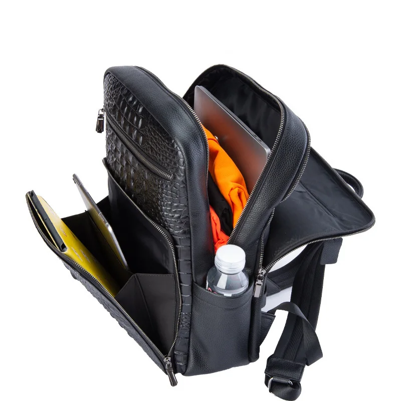 Business Men Backpack Crocodile Pattern Men's Bag Genuine Leather Schoolbag Large Luxury Brand 15.6 inch Laptop Travel Backpack 2