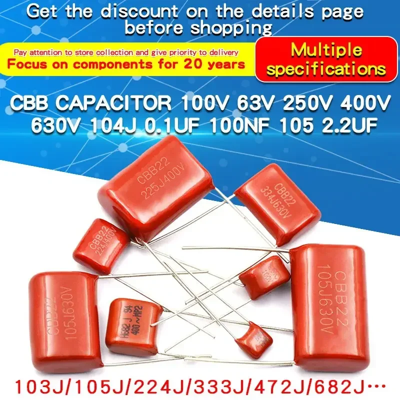 CBB Polypropylene Film Capacitor 33nF 100nF 220nF 4.7nF 1uF 6.8nF 680nF 470nF 3.3uF 330nF 2.2uF 10NF 100V 400V 630V 10PCS