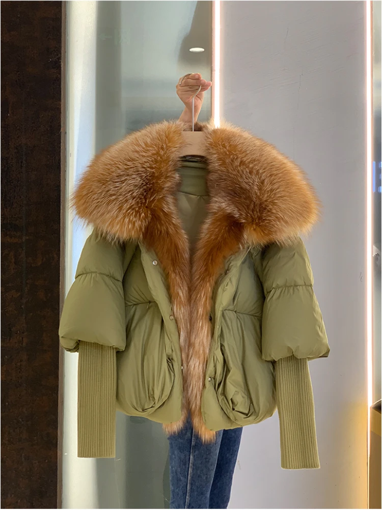 Female Large Fox Fur Collar Outerwear Thick Warm Fur Real Fur Coat Winter Jacket Women White Duck Down Jackets Hooded
