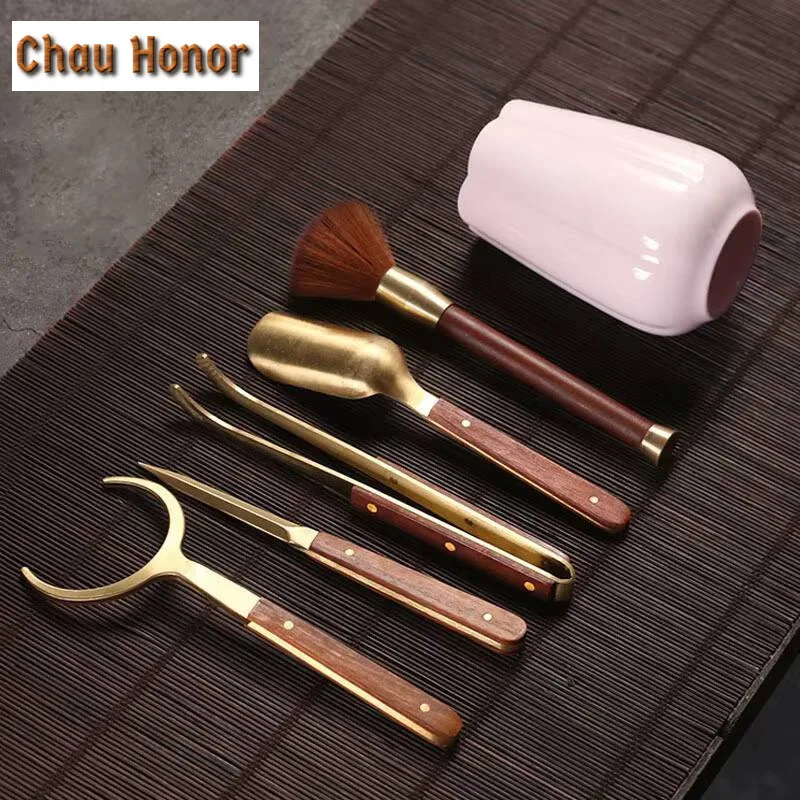 Jade Mud Cherry Powder chinese Ceramics Solid Wood Tea Ceremony Six Gentlemen Suit Pure Copper Kung Fu Tea Set Accessories Gift