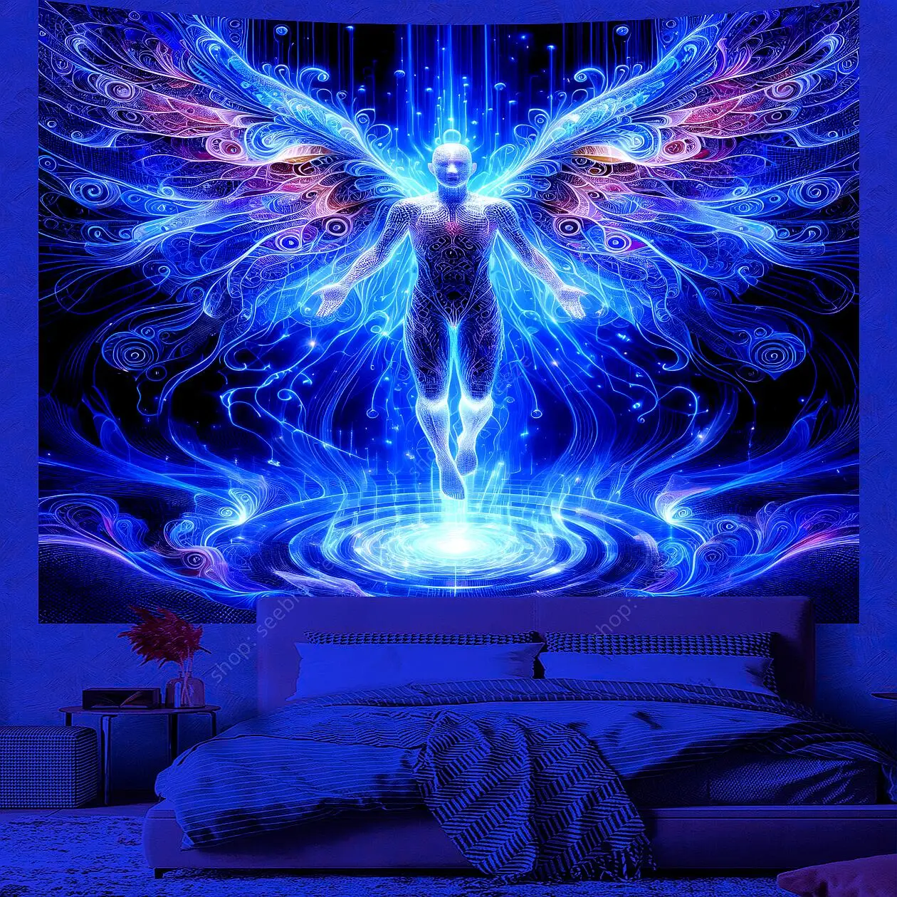 

Psychedelic Humanoid Angel with Wings Tapestry Wall Hanging Bohemian Home Decor Bedroom Aesthetic Hippie Neon Backdrop Poster