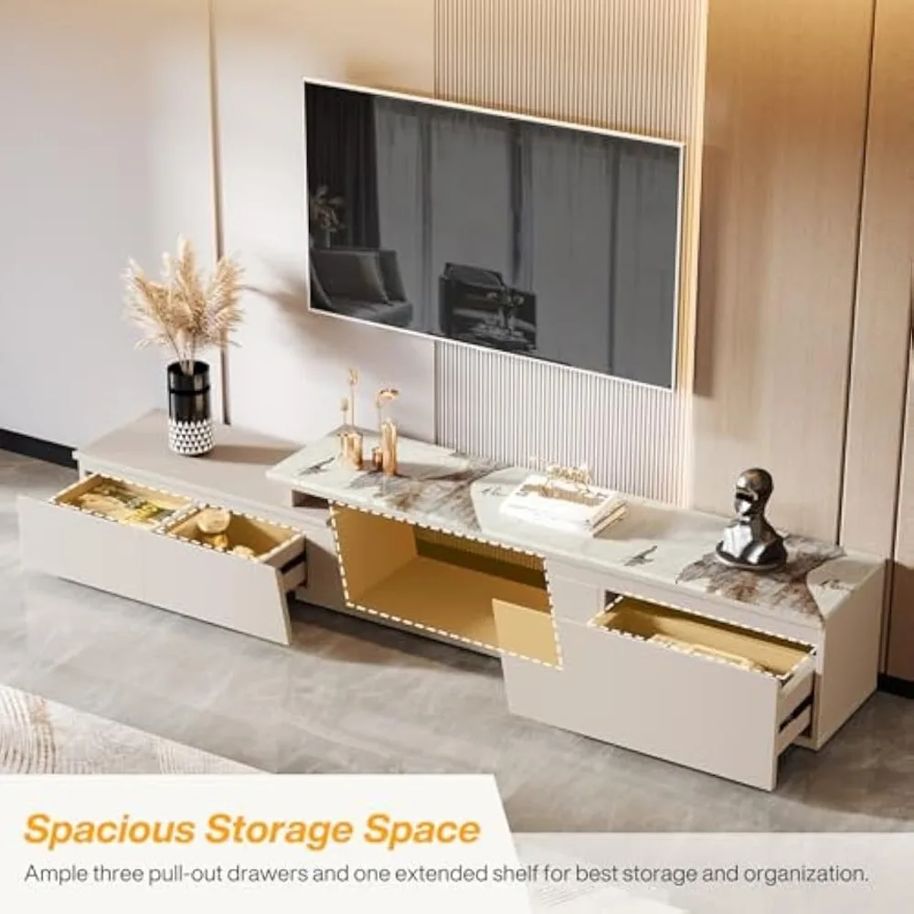 Extendable TV Stand for TVs Up to 100", Modern Entertainment Center with 3 Drawers Storage, Faux Marble Media Console for Livin 4