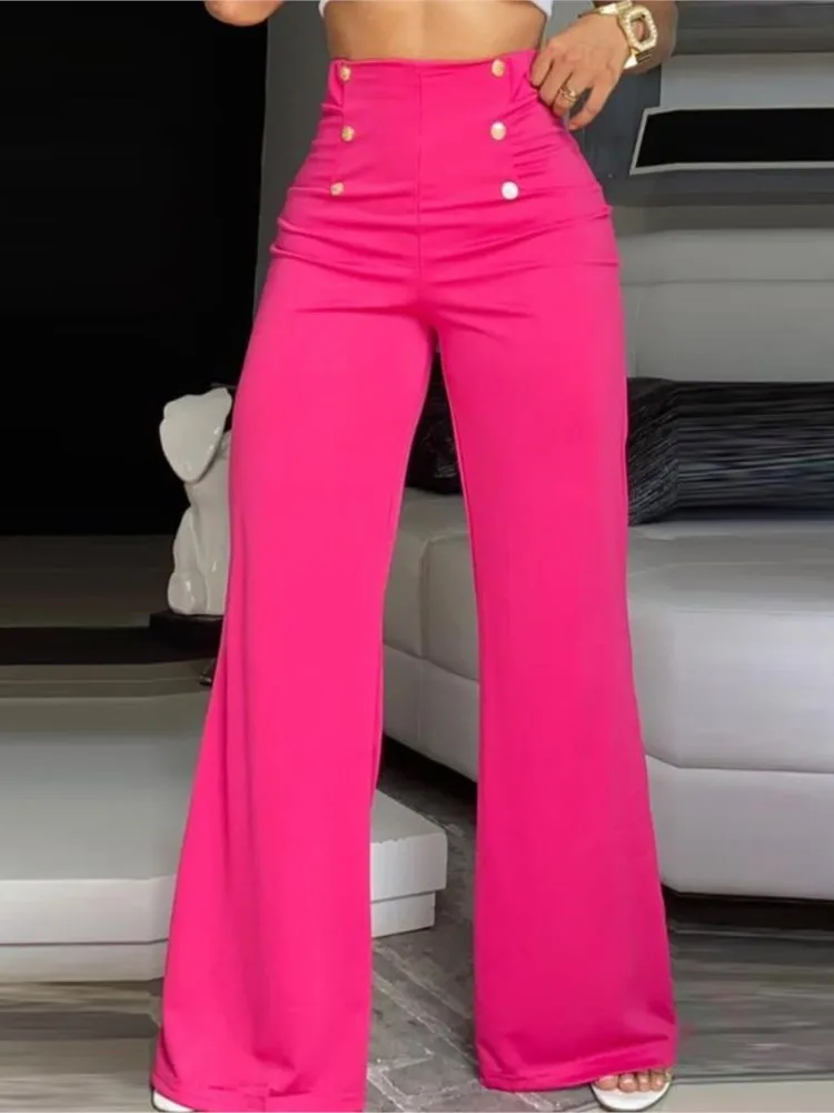 

Women's Pants Summer White High Waist Button Decor Wide Leg Pants For Women Elegant Office Ladies Black Trousers Women Clothes