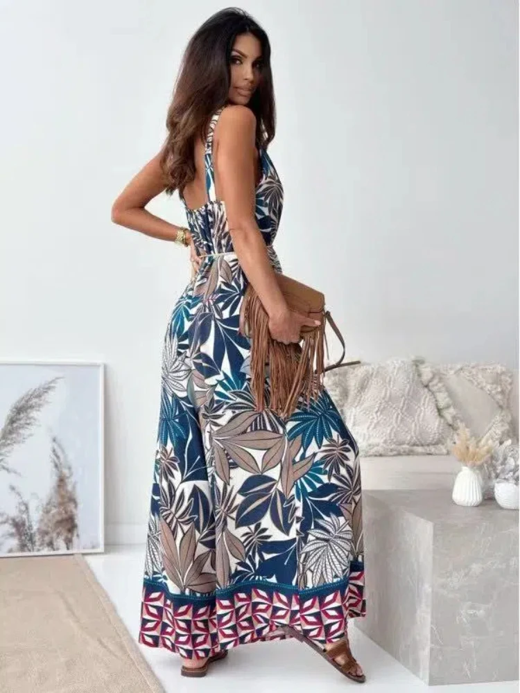 New Casual Autumn V-neck Camisole Printed Women's Jumpsuit Pants Fashionable Women's Clothing 363