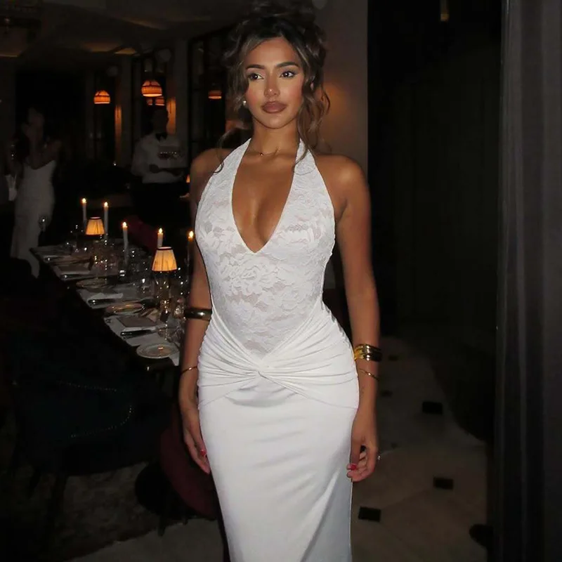 Fashion Spring Summer Deep V Women's Lace Splicing Neck Lace-up Dress Sexy Halter Women's Slim-fit Long evening dresses