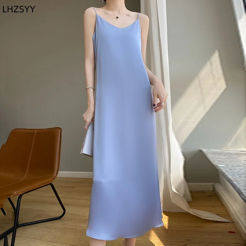 

2024Ladies Silk Camisole Long Skirt V-Neck New Spring Solid Satin Inner Sling Skirt Summer Women Slim Wild High-Waist Soft Dress