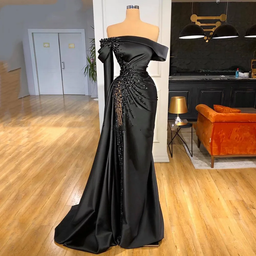 

Luxury Black Beading Off Shoulder Pageant Party Dress Formal Evening Dresses Long Sexy Mermaid Prom Dress robes de soirée