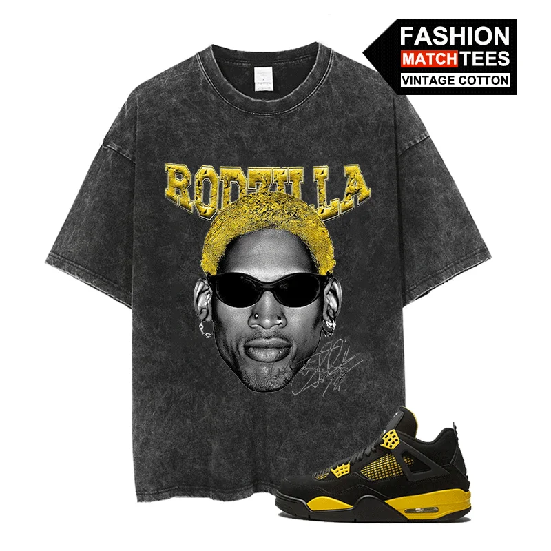 

Thunder 4s Sneaker Shirts Fashion Match Tees Rodman Print T-shirt For Men/Women's Vintage COTTON Black Oversized Streetwear Tops