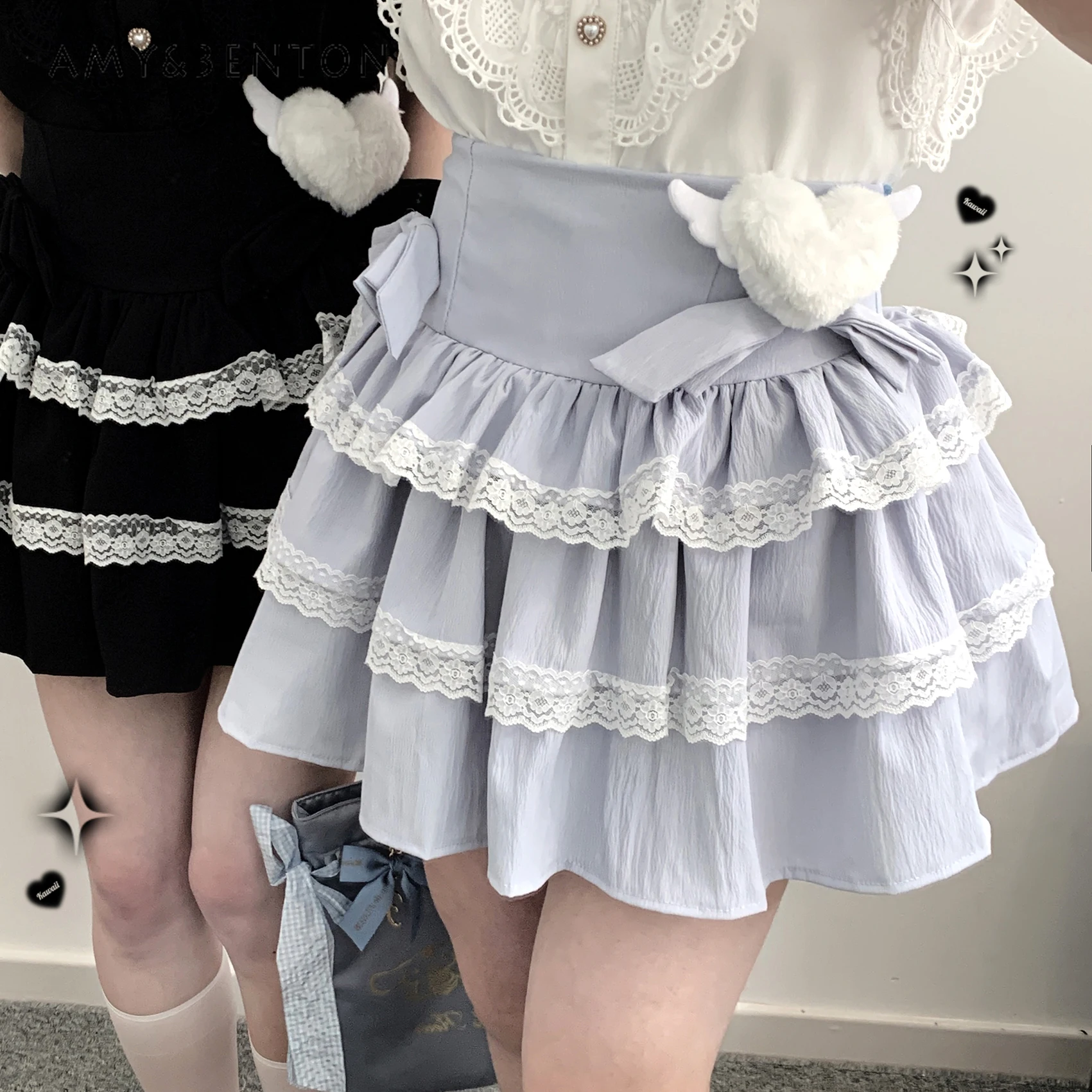 

Preppy Style Sweet Cute Bow Double Lace Mini Skirt Summer Lolita Mine Series Mass Production Multi-layer Skirts Y2K Kawaii Skirt