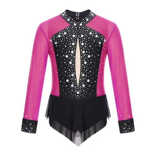 Kids Girls Rhinestones Color Block Rhythmic Gymnastics Dress Mesh Patchwork Leotard Skirted Bodysuit for Dancing Figure Skating - Image 10
