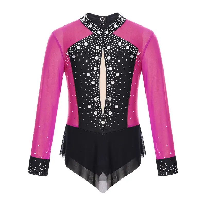 Kids Girls Rhinestones Color Block Rhythmic Gymnastics Dress Mesh Patchwork Leotard Skirted Bodysuit for Dancing Figure Skating - Image 10