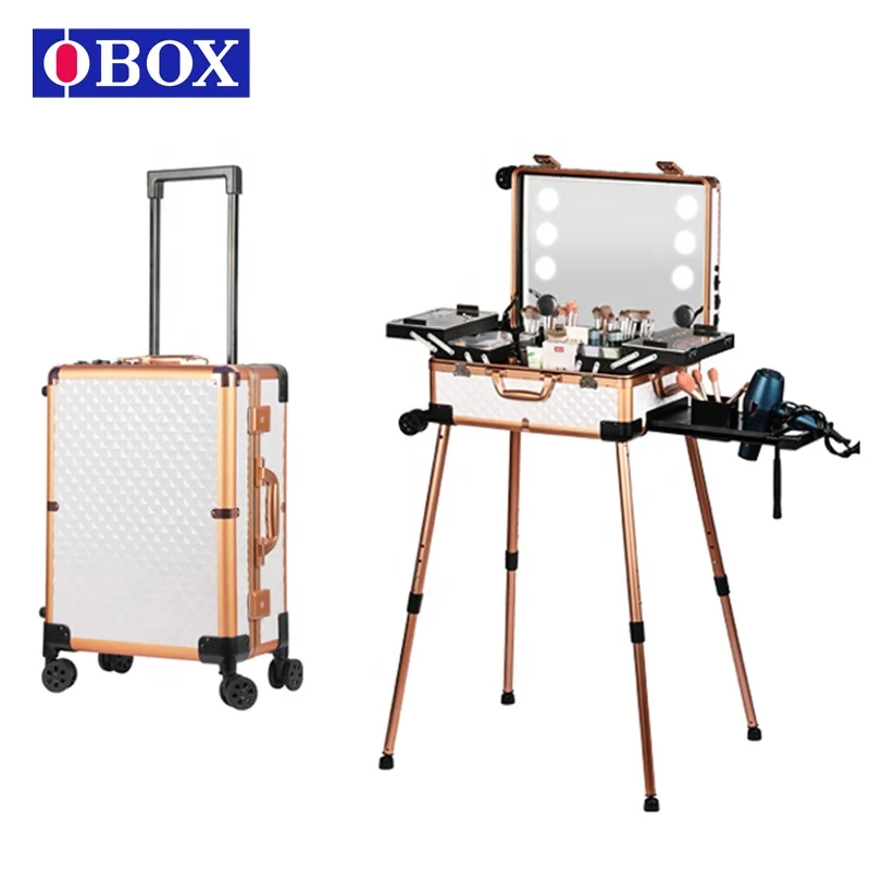 

Travel Makeup Bag With LED Mirror, Cosmetic Train Case with Lights, Portable Makeup Artist Organizer case W/Adjustable Dividers