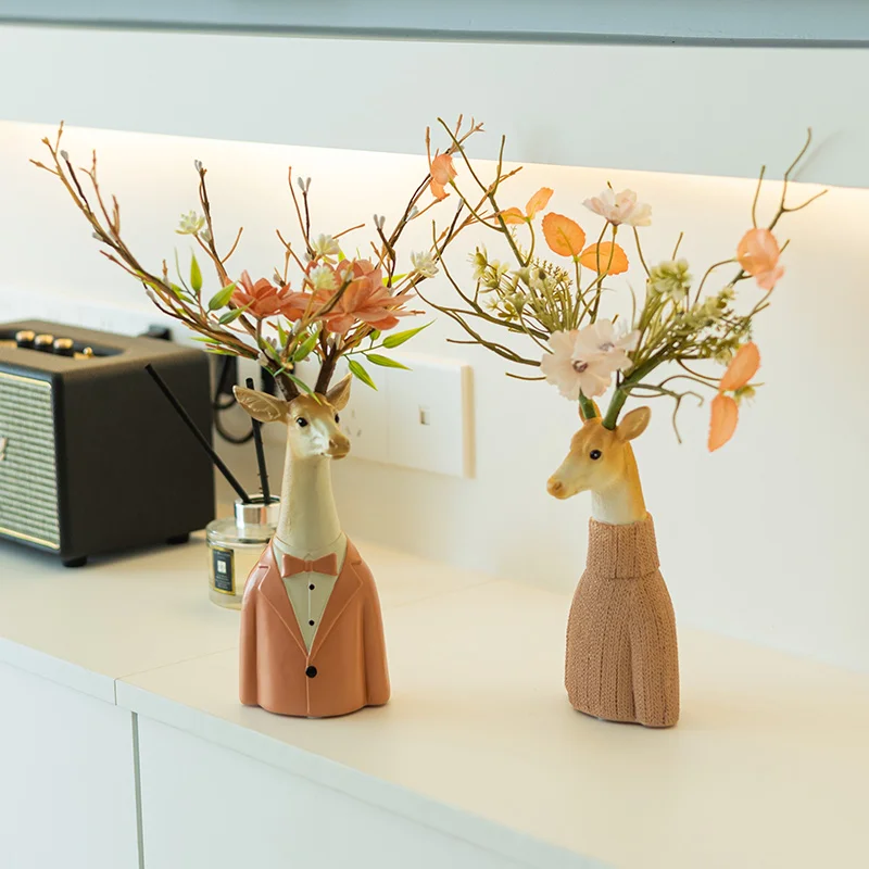 Resin Handicraft Cartoon Deer Flower Vase Floral Arrangement Accessories Artificial Animal Sculpture Home Decoration Accessories 2