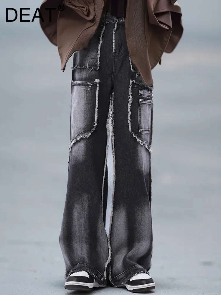 

DEAT Vintage Trendy Women's Patchwork Pockets Straight Jeans 2024 Summer Fashion High Waist Wide Leg Denim Pants Female 29L7481
