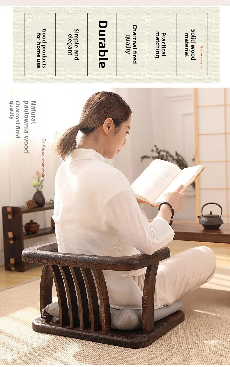 Japanese Solid Wood Tatami Chair Meditation Stool with Backrest for Tea Ceremony Zen Style Armchair for Balcony or Living Room