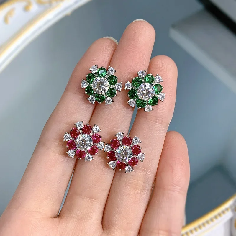 

2023 Ruby Emerald Diamond Stud Earring 100% Real 925 Sterling Silver Engagement Wedding Earrings for women Promise Party Jewelry