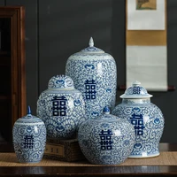 New Chinese Classical Blue And White Pottery Double Happiness Ceramic Storage Jar Home TV Cabinet Wine Cabinet Decoration 1
