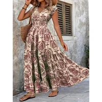 Plus Size Women's Bohemian Floral Print V-Neck Short Sleeve Dress Oversized Ruffled Skirt For Women Casual A-line Long Dresses - Image 3