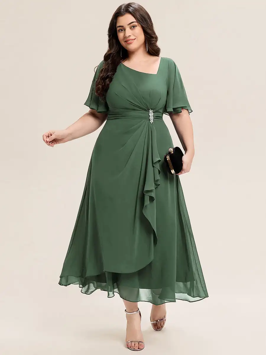Vestidos de noche de talla grande con volantes de manga corta, asimétricos, hasta la pantorrilla, Ever Pretty de Eucalyptus, vestidos de dama de honor