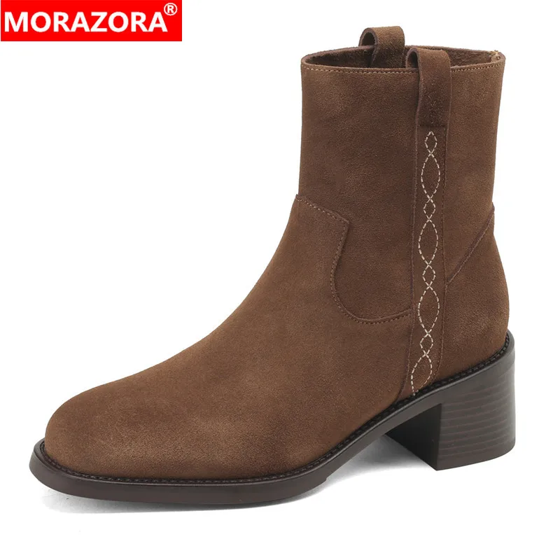 

MORAZORA 2024 New Cow Suede Leather Ankle Boots For Women Square High Heels Round Toe Handmade Ladies Cowgirl Western Boots