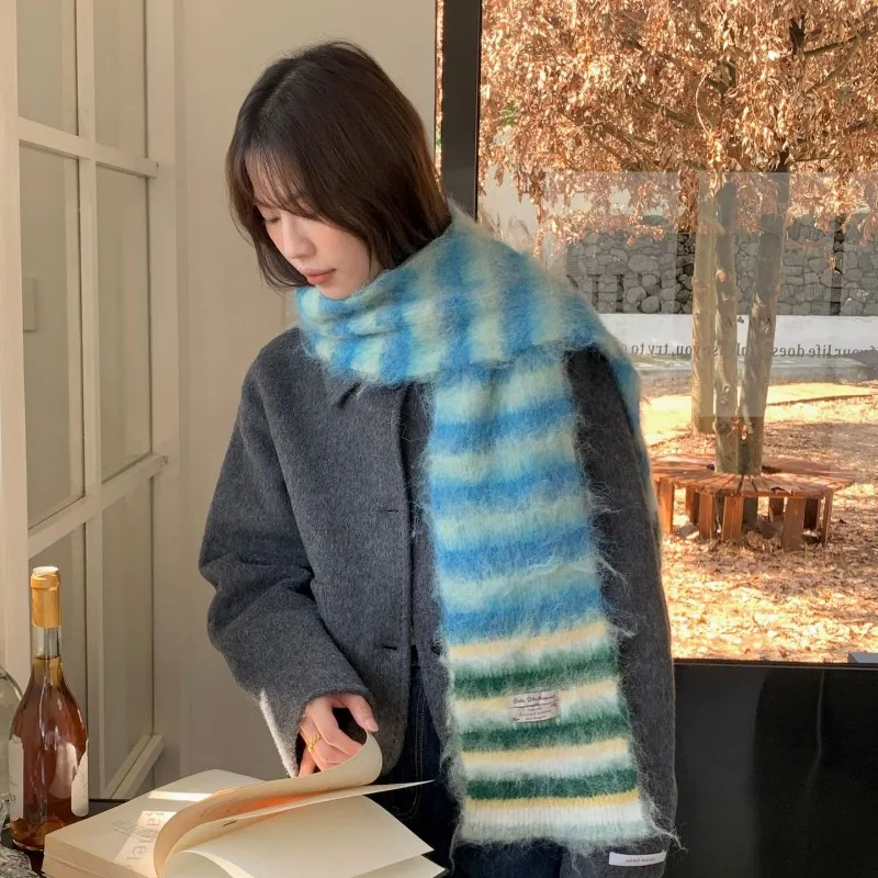 New Korean Stylish Graduated Color Striped Women Men Scarf Thick Thermal Knitted Female Scarves Fashion Design Decorate Muffler - Image 2