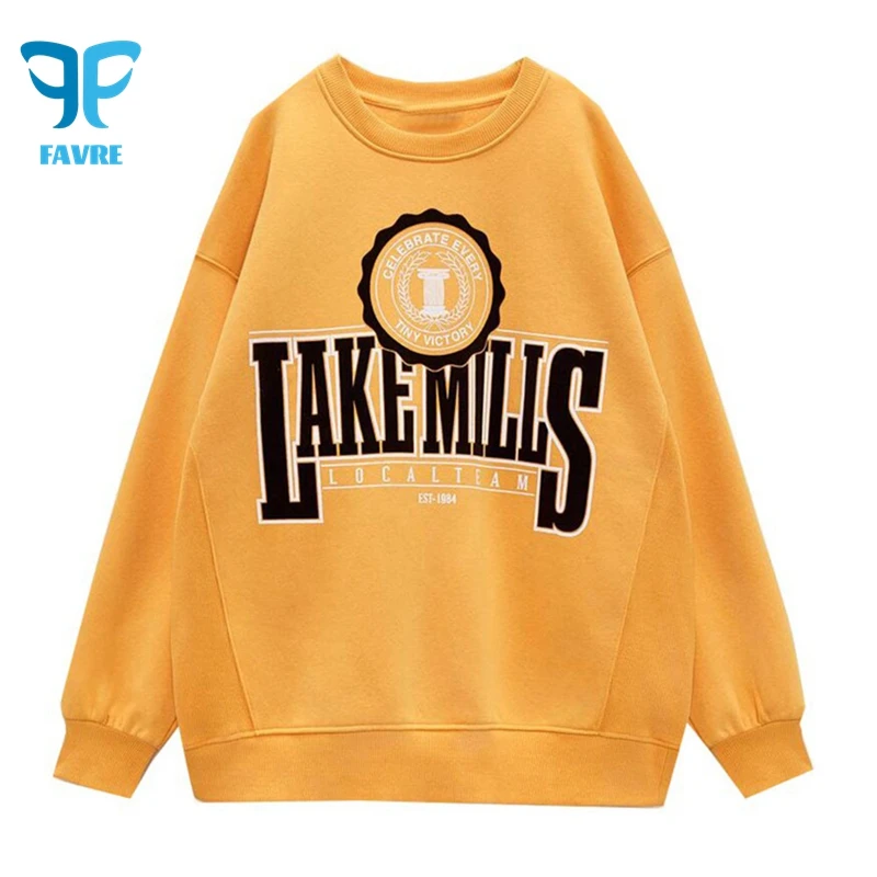 

FAVRE Letter Print Sweatshirts Womens Casual Roundneck Fleece Pullovers Y2K Autumn Winter Europe and America Trend Ins Slim Tops