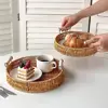 Food Plate Handwoven Plastic Rattan Storage Tray Round Shape Fruit Vegetable Cake Wicker Rattan Threads Basket With Handle 3
