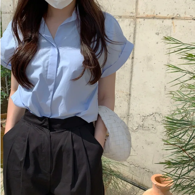 South korea Chic Summer New Simple Niche Lapel Single-Breasted Loose Casual Solid Short sleeve Shirts Top Women